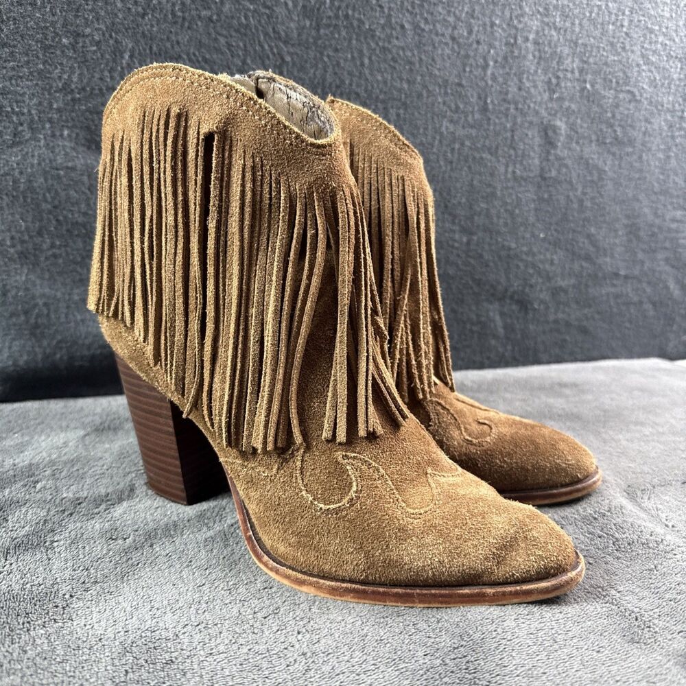 Sam Edelman Benjie Western Fringe Ankle Booties Suede Brown Caramel Women's Sz 7